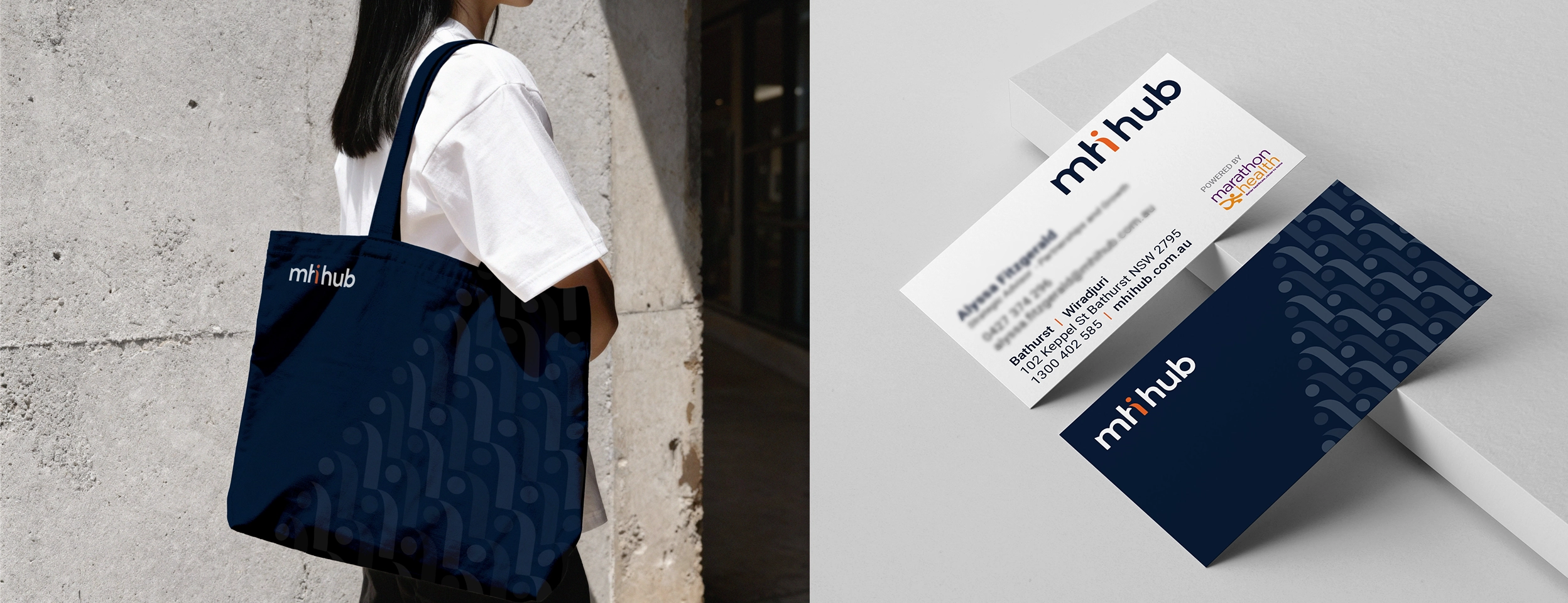 A mhiHub tote bag and business card