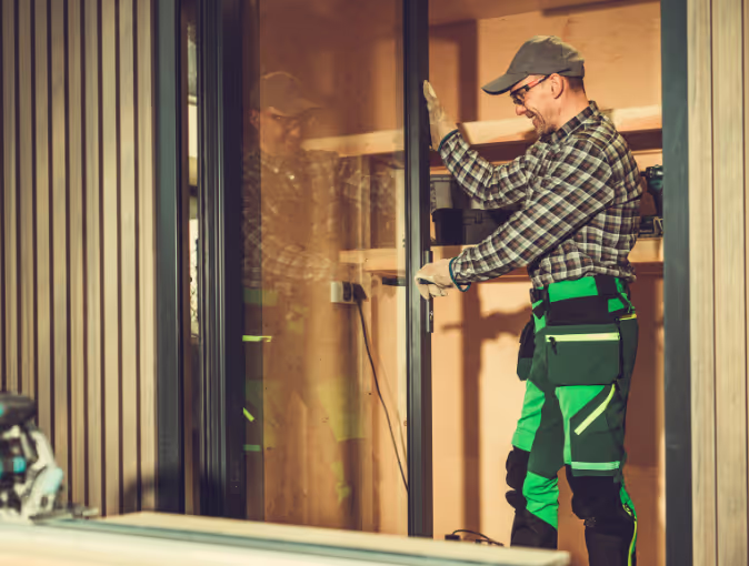 window installer placing in a new glass entry door
