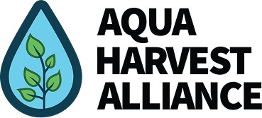 Aqua Harvest Alliance logo. Blue rain drop with leaves inside