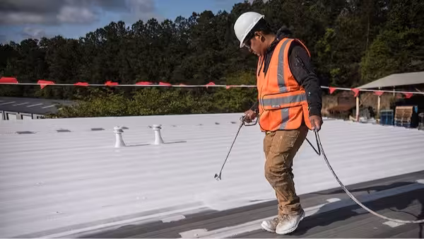 Silicone commercial roof coating near me applied on flat roof for weather resistance.
