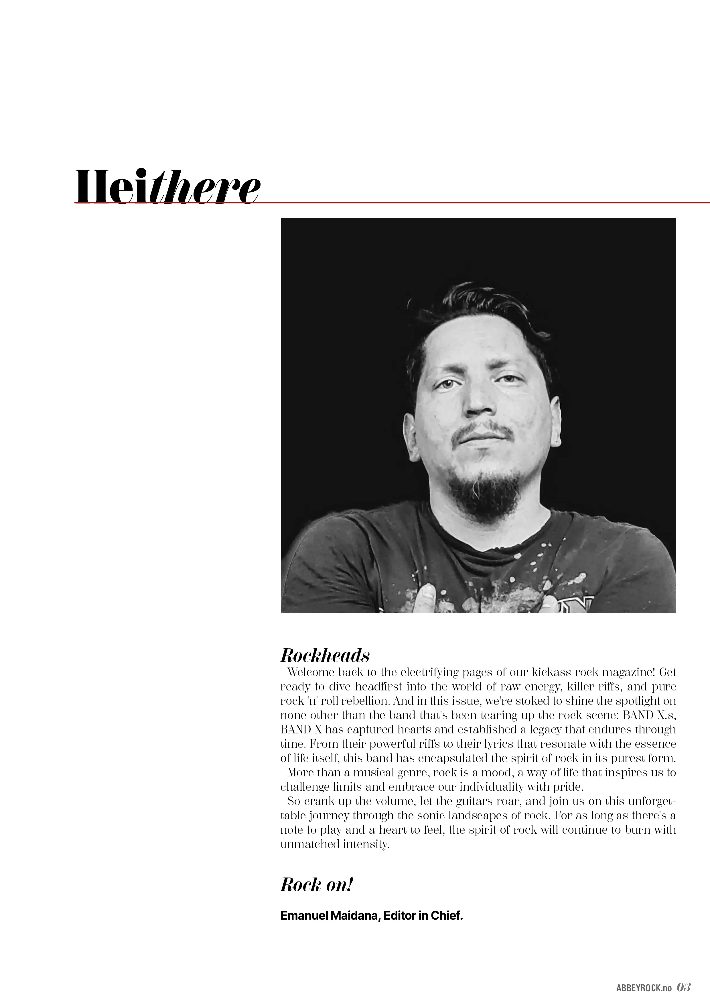 Black and white portrait of a man with goatee and crossed arms, accompanied by a welcome note from the editor in chief of a rock magazine.