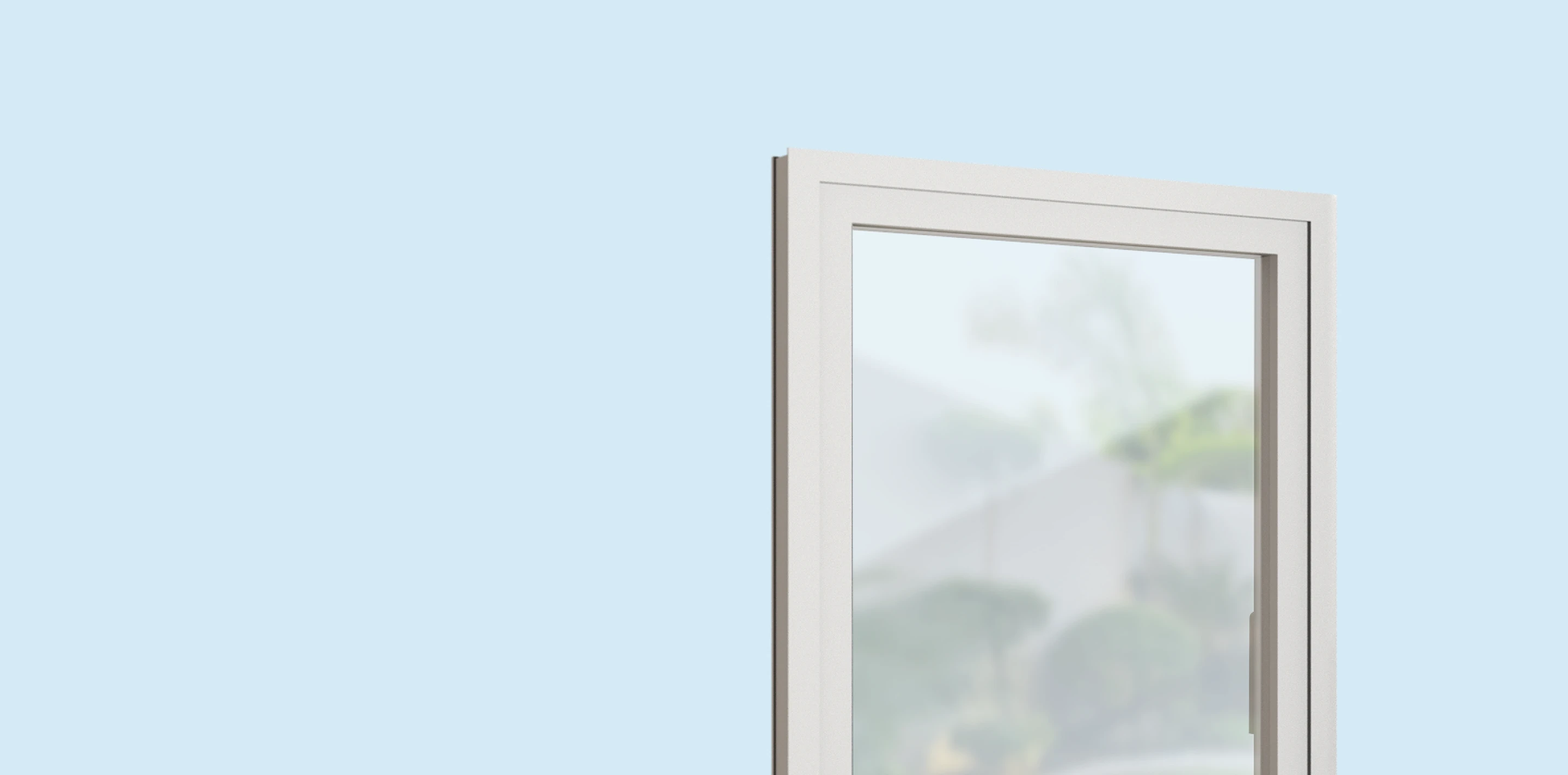 Weißes Fenster mit Glasfläche vor einem hellblauen Hintergrund und verschwommenem Blick auf eine grüne Außenlandschaft.