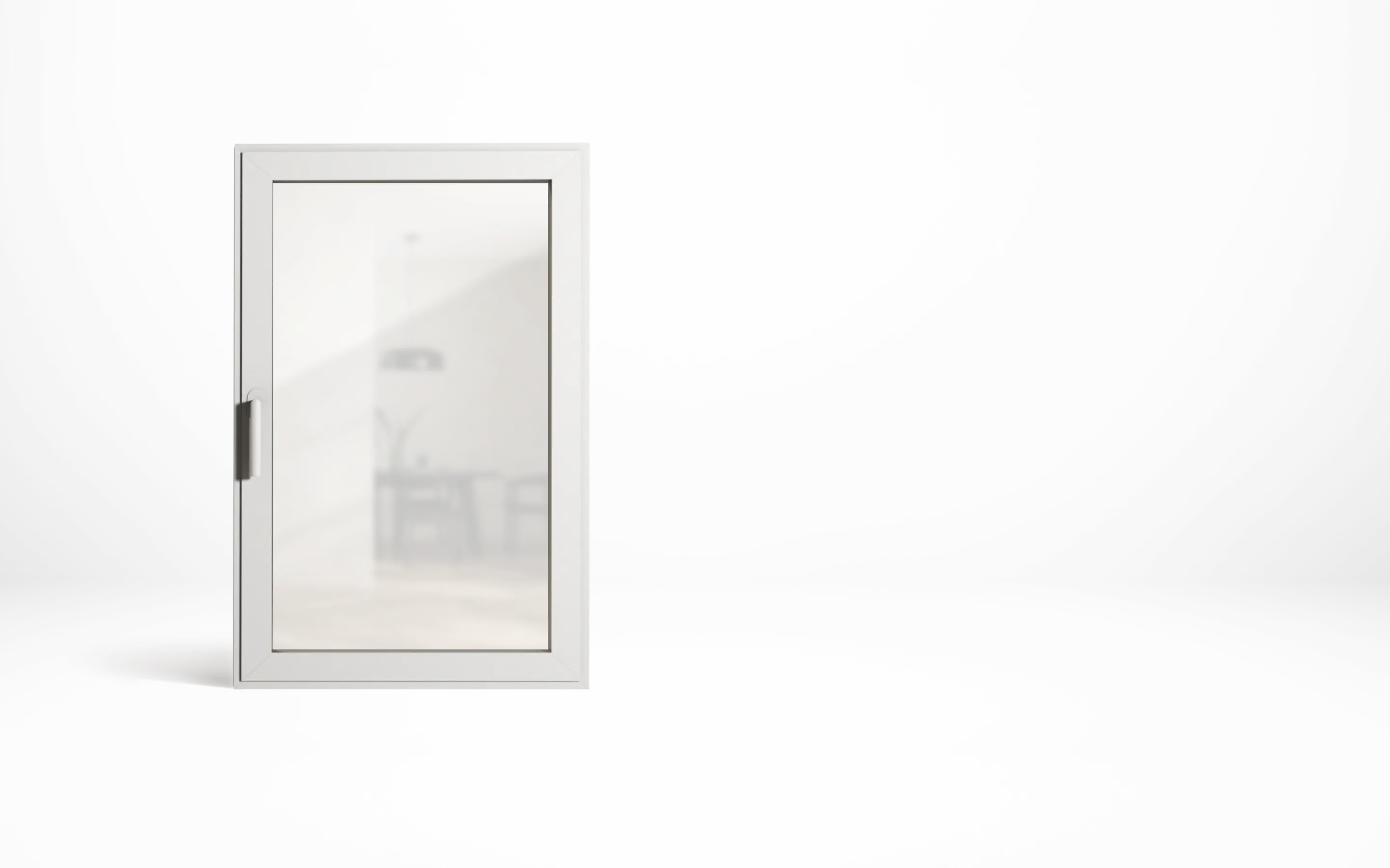 Modern weißes Fensterelement mit Glas, das einen verschwommenen Blick auf einen Essbereich mit Tisch und Stühlen zeigt.