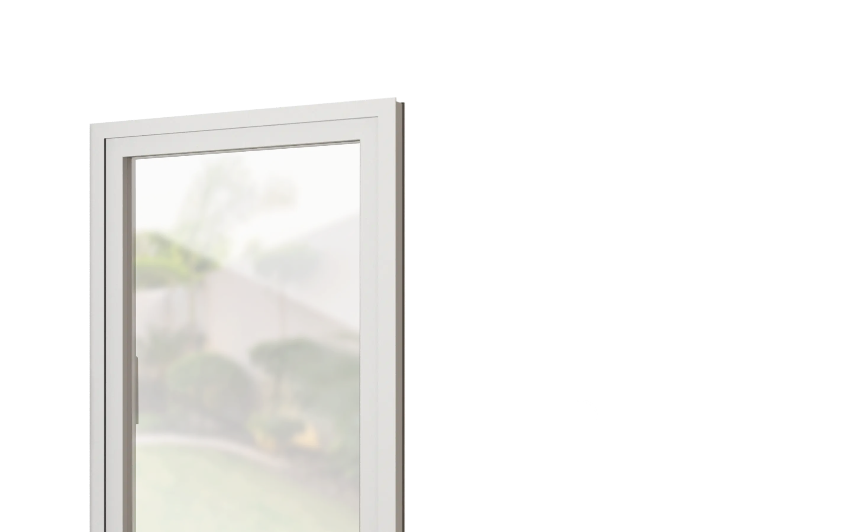 Ein modernes weißes Fenster mit einfacher Verglasung und einem unscharfen Blick auf einen Garten mit Sträuchern und Zaun im Hintergrund.