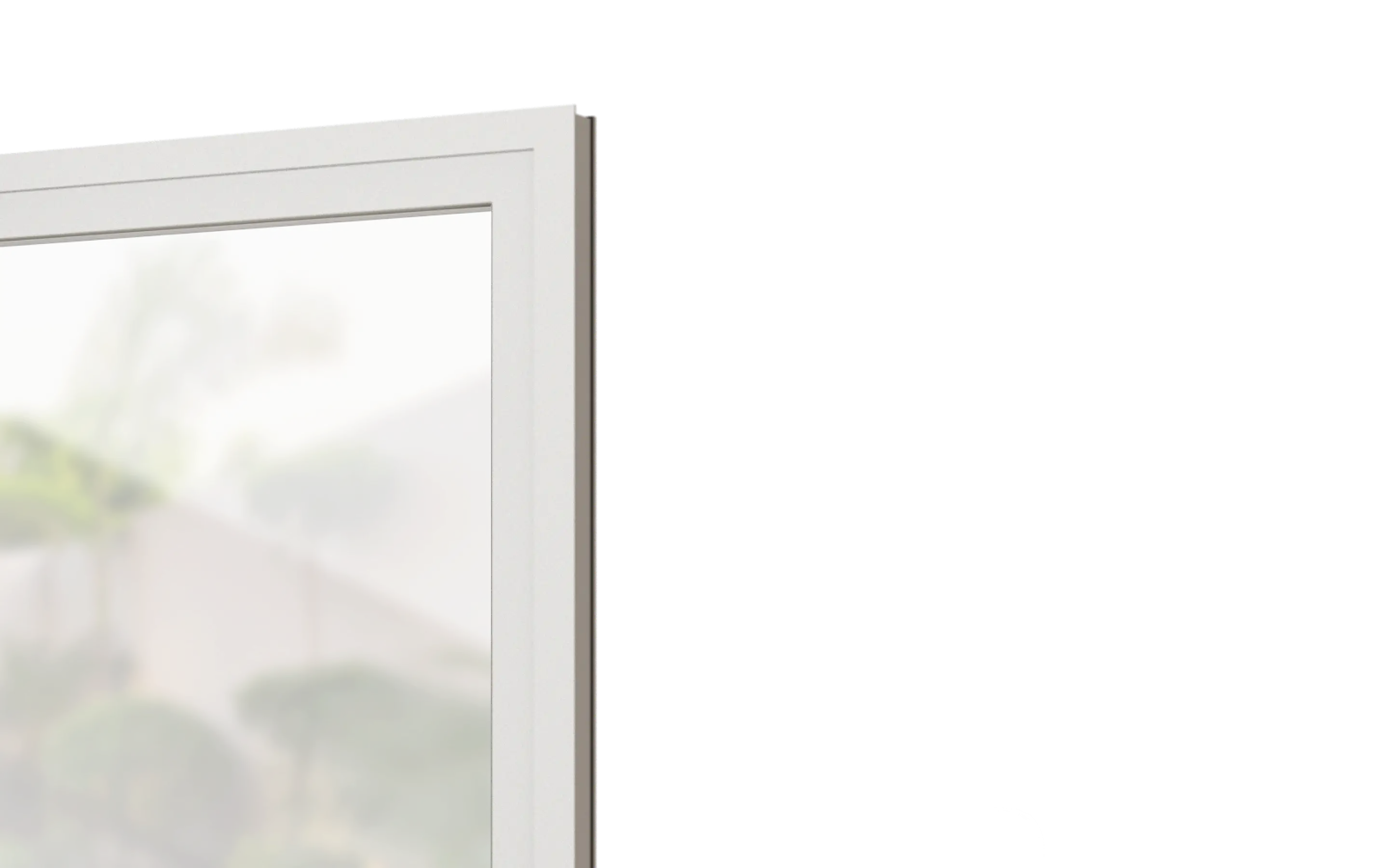 Nahaufnahme eines geöffneten weißen Fensterrahmens mit unscharfem Blick auf einen Garten hinter dem Fenster.