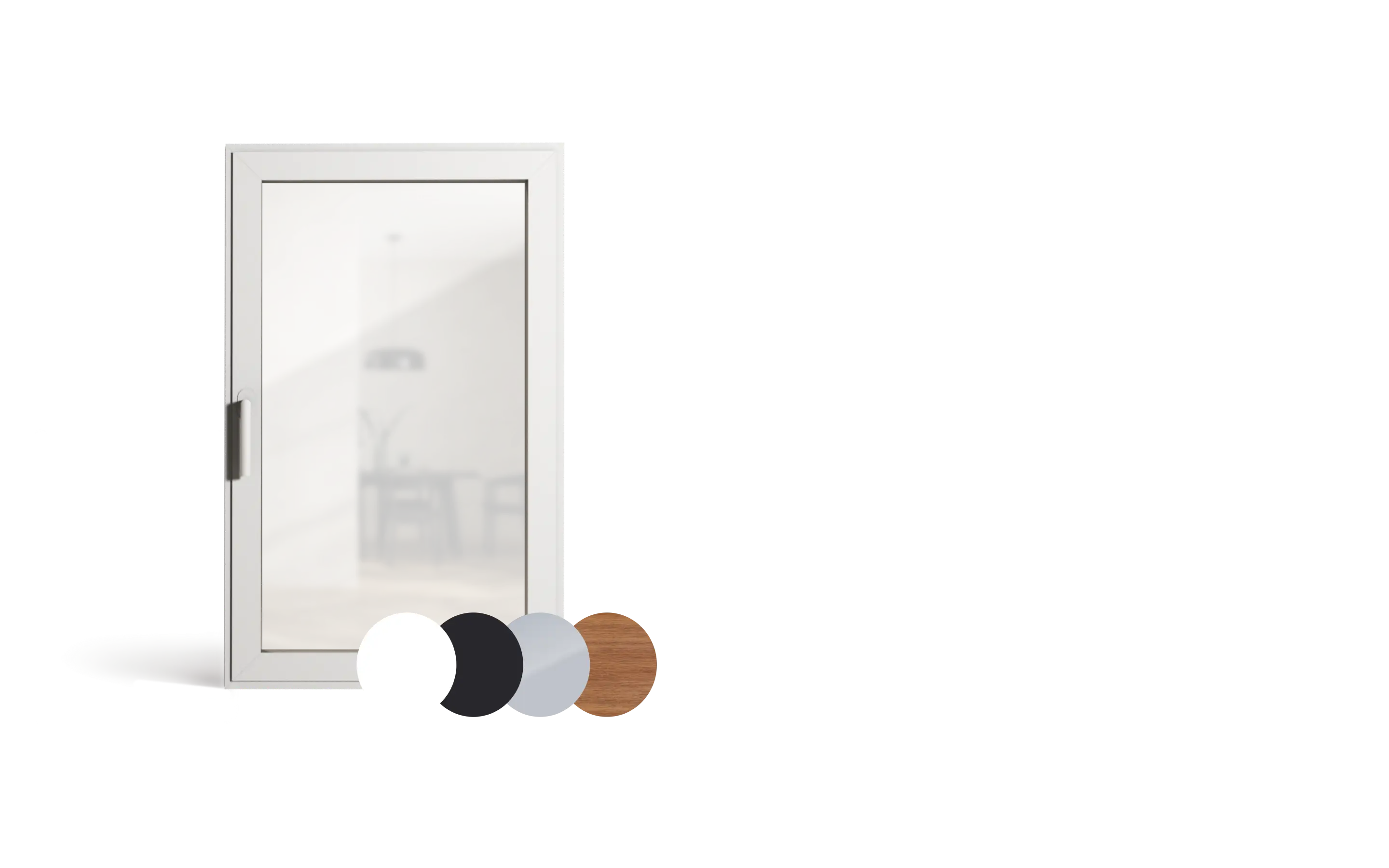 Weißes Fenster mit Glasfront, Griff auf der linken Seite und vier Farbmusterkreisen darunter in Weiß, Schwarz, Grau und Holzoptik.