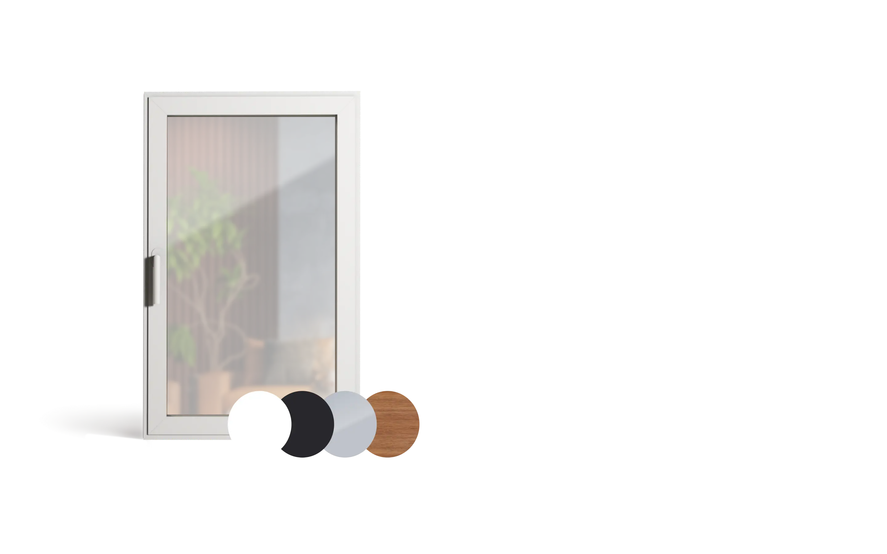 Weißer Fensterrahmen mit Glas, vor unscharfem Hintergrund mit Pflanze und Sofa, mit Farbmuster in Weiß, Schwarz, Grau und Holz.