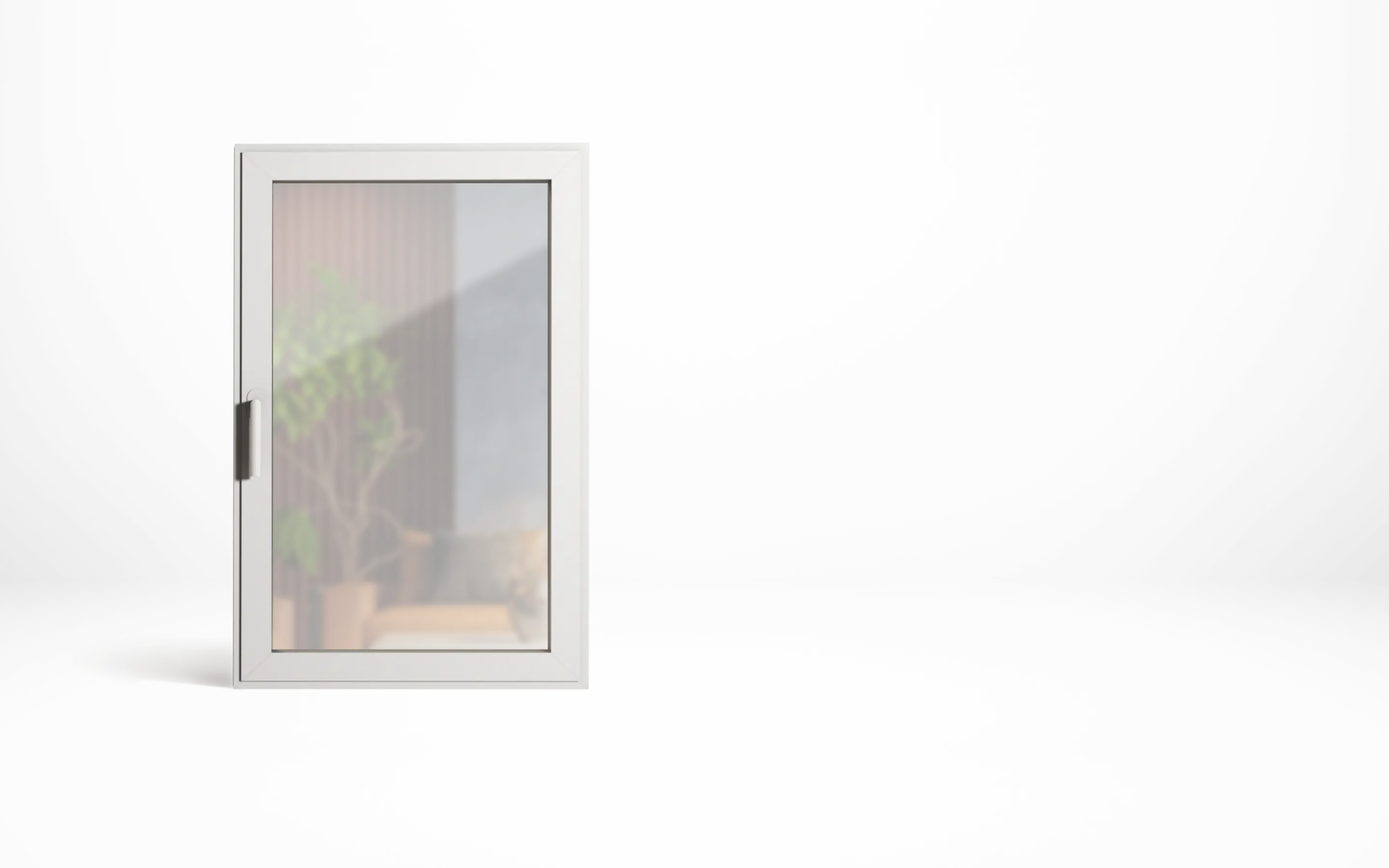 Modernes weißes Fenster mit Griff, im Hintergrund unscharf ein Baum und ein Sofa erkennbar.