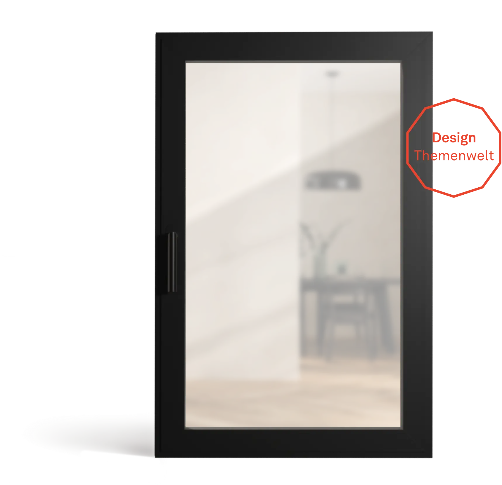 Schwarzer Fensterrahmen mit Griff, der einen unscharfen Blick auf ein modernes Esszimmer mit hängender Lampe und Tisch zeigt.