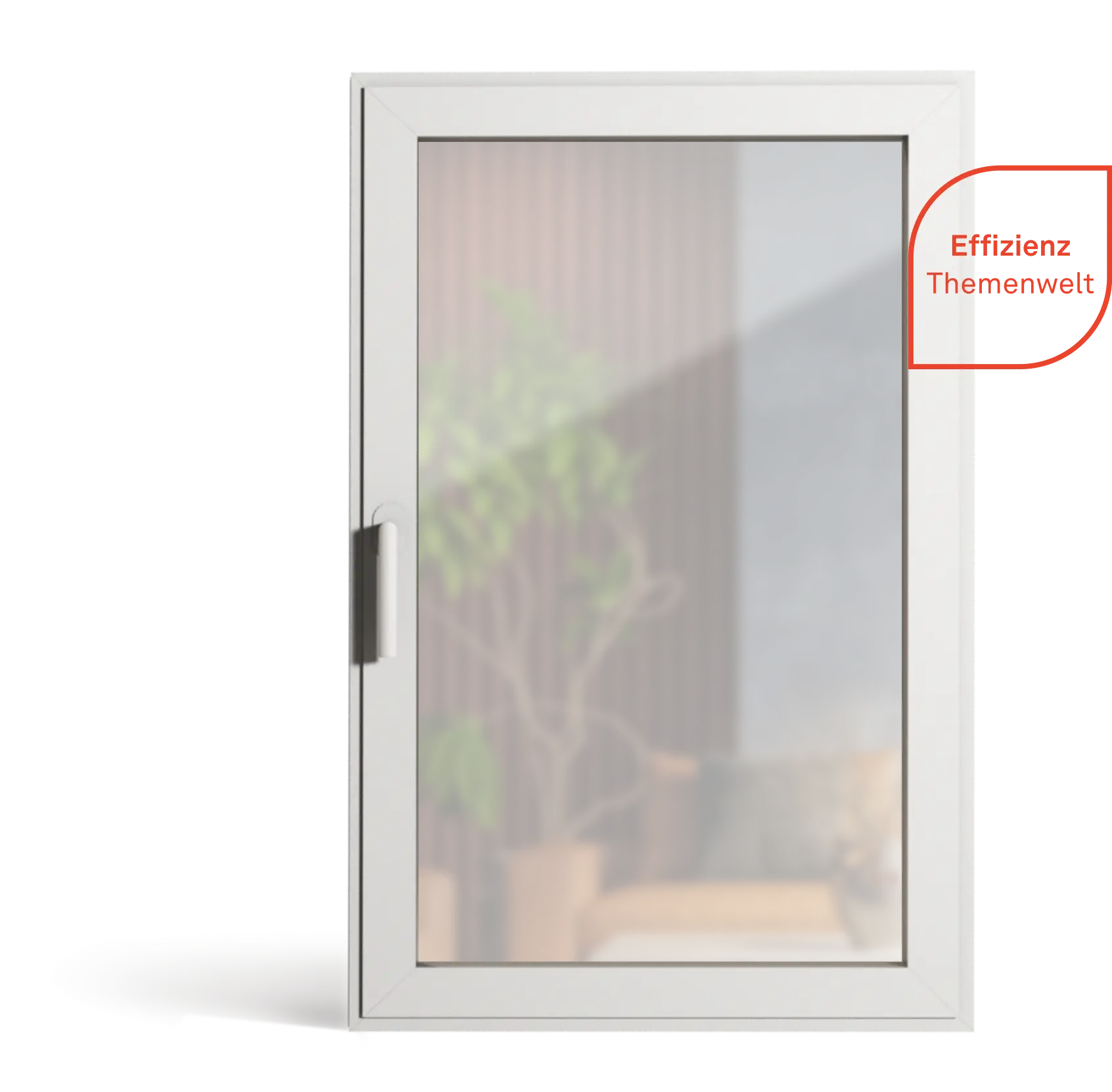 Weißes Fenster mit Griff, durch das man unscharf ein Wohnzimmer mit Pflanze und Sofa sieht.