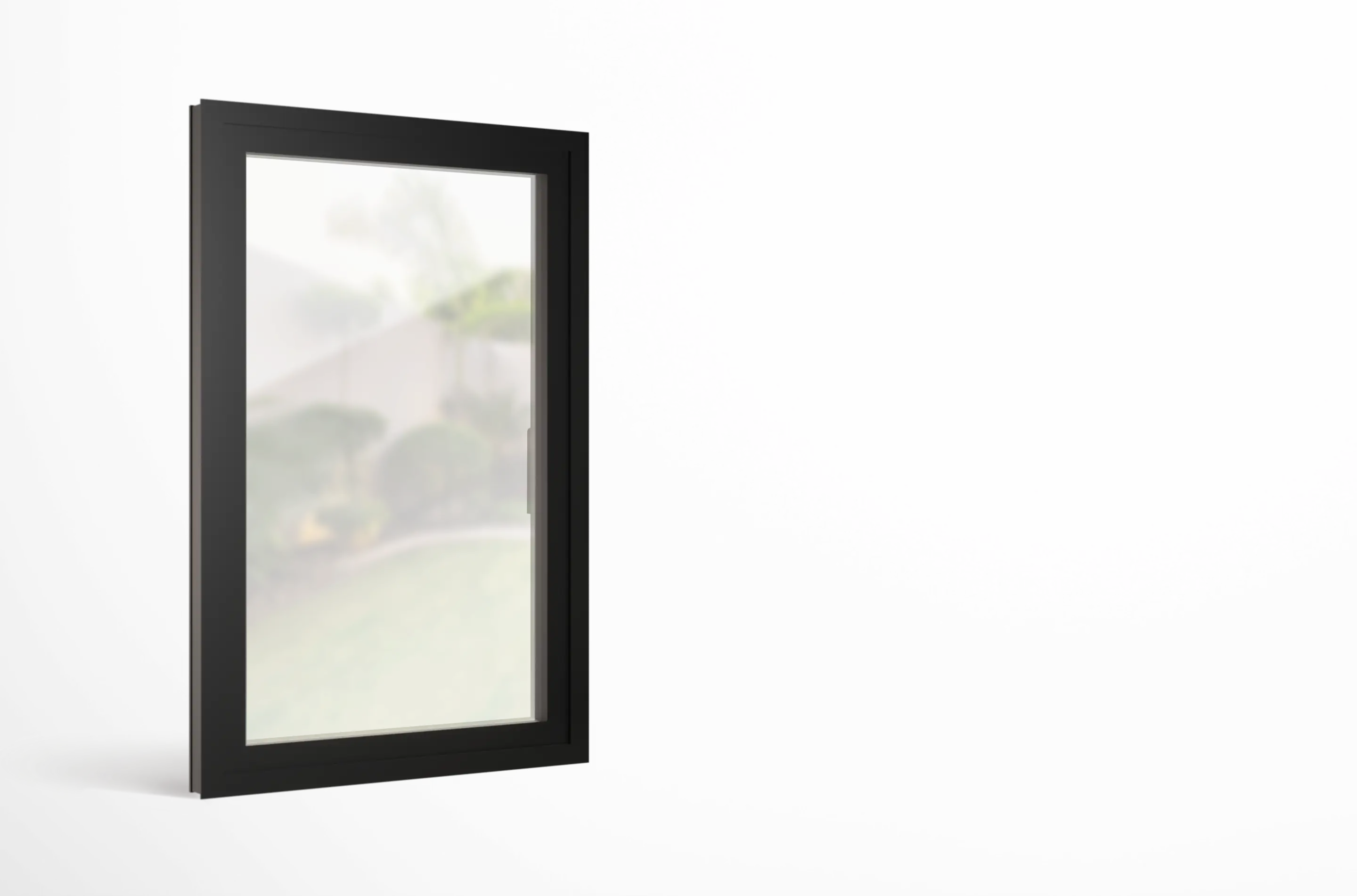 Ein rechteckiges schwarzes Fenster mit Glas, das einen unscharfen Blick auf einen Garten mit Rasen und Hecken bietet.