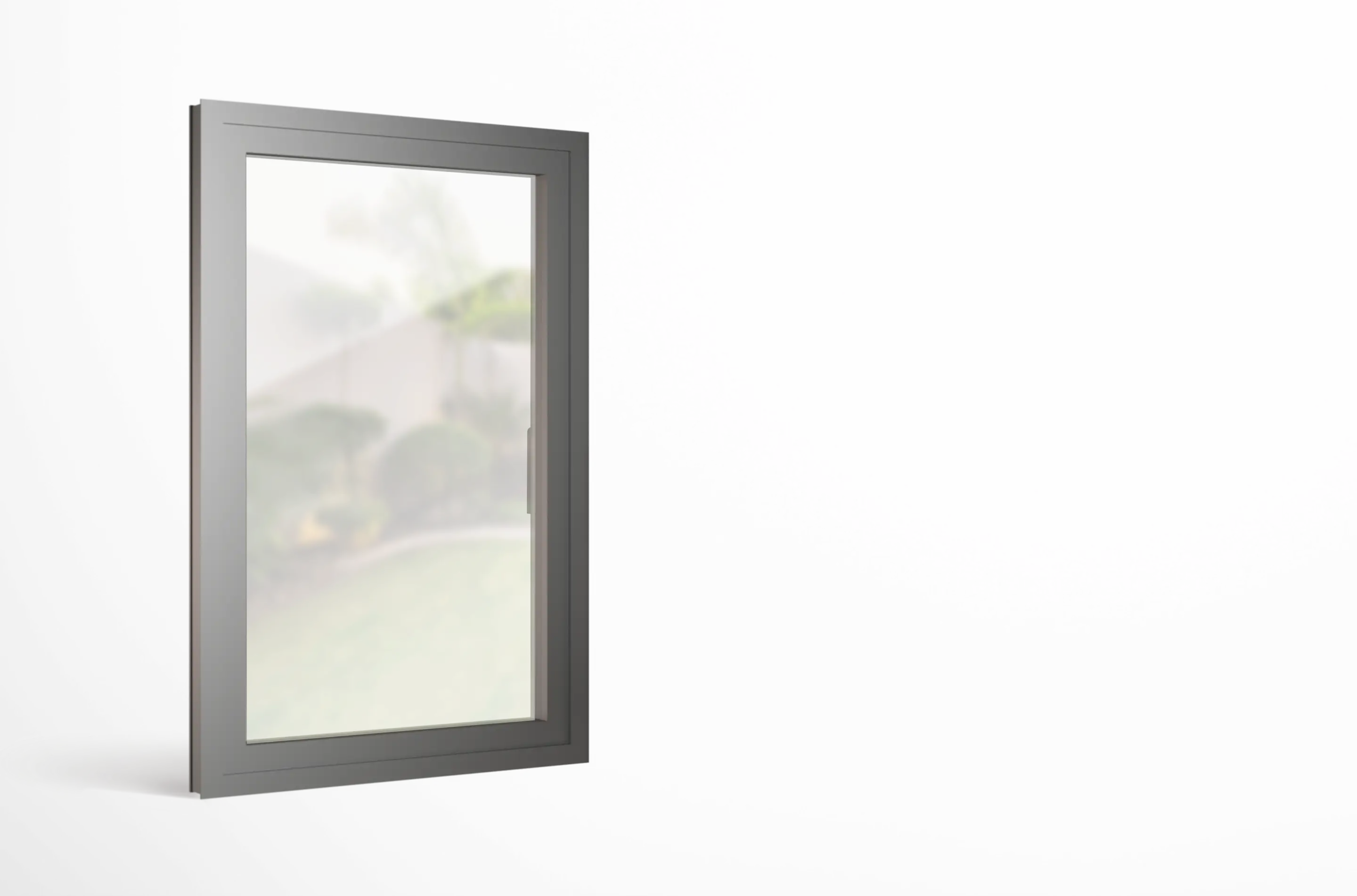 Modernes, graues Fenster mit klarem Glas, das einen unscharfen Blick auf einen Garten mit Sträuchern und Rasen bietet.