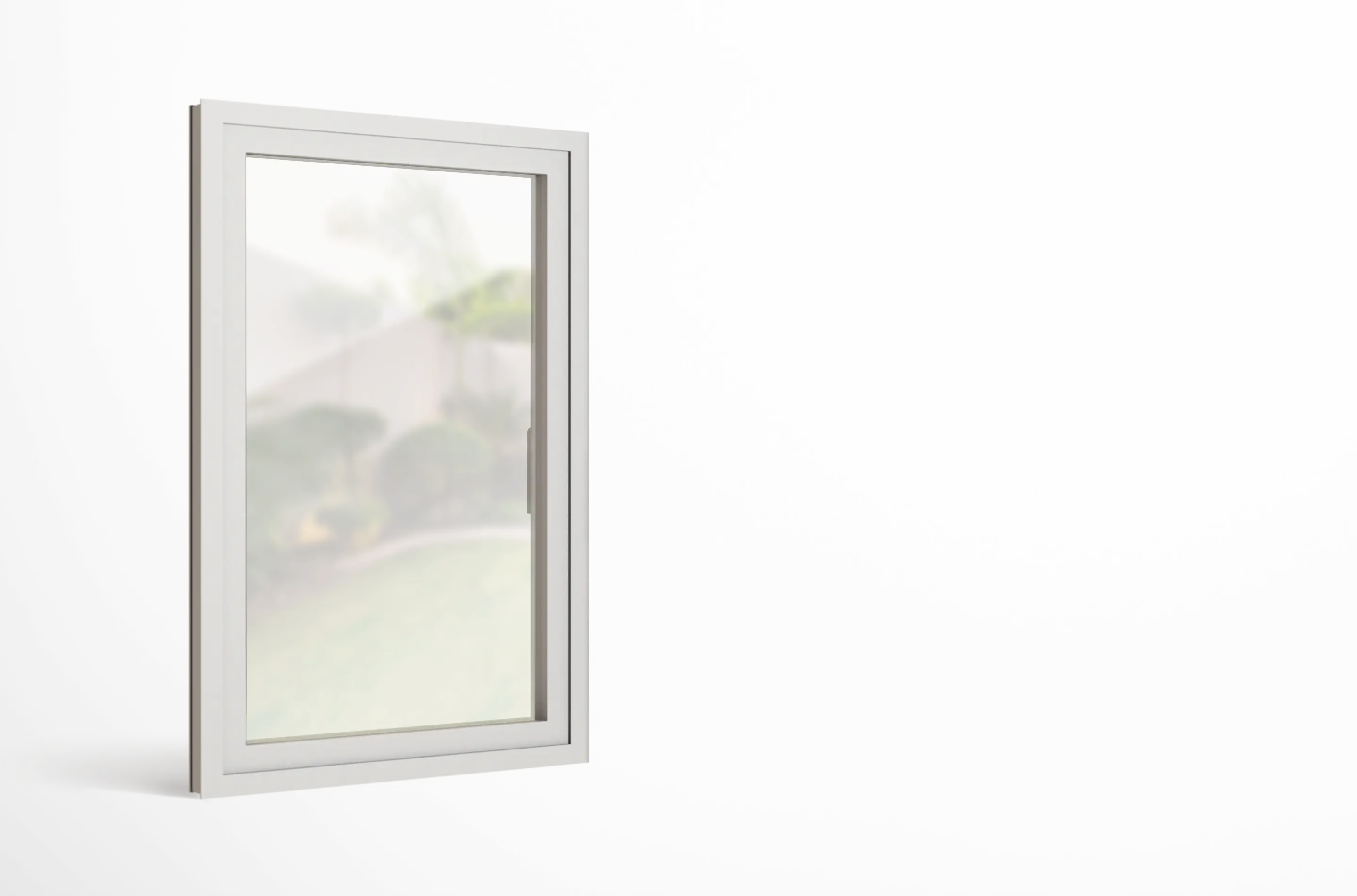 Weißes Fenster mit Glas, das einen unscharfen Blick auf einen Garten mit Büschen und Rasen zeigt.