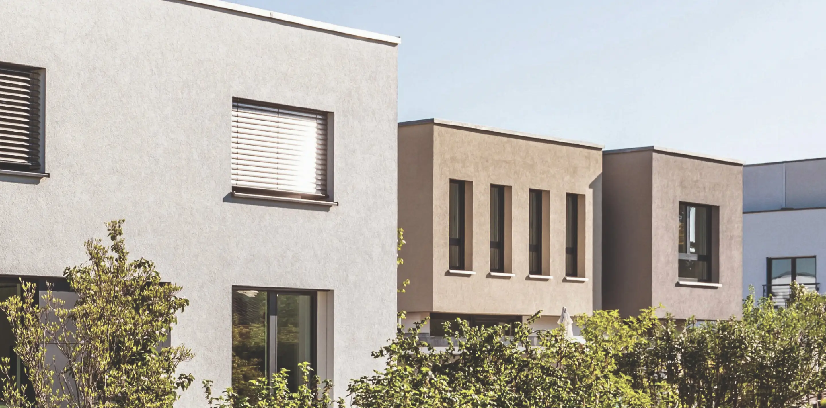 Moderne Einfamilienhäuser mit rechteckigen Fenstern und grünen Büschen im Vordergrund.