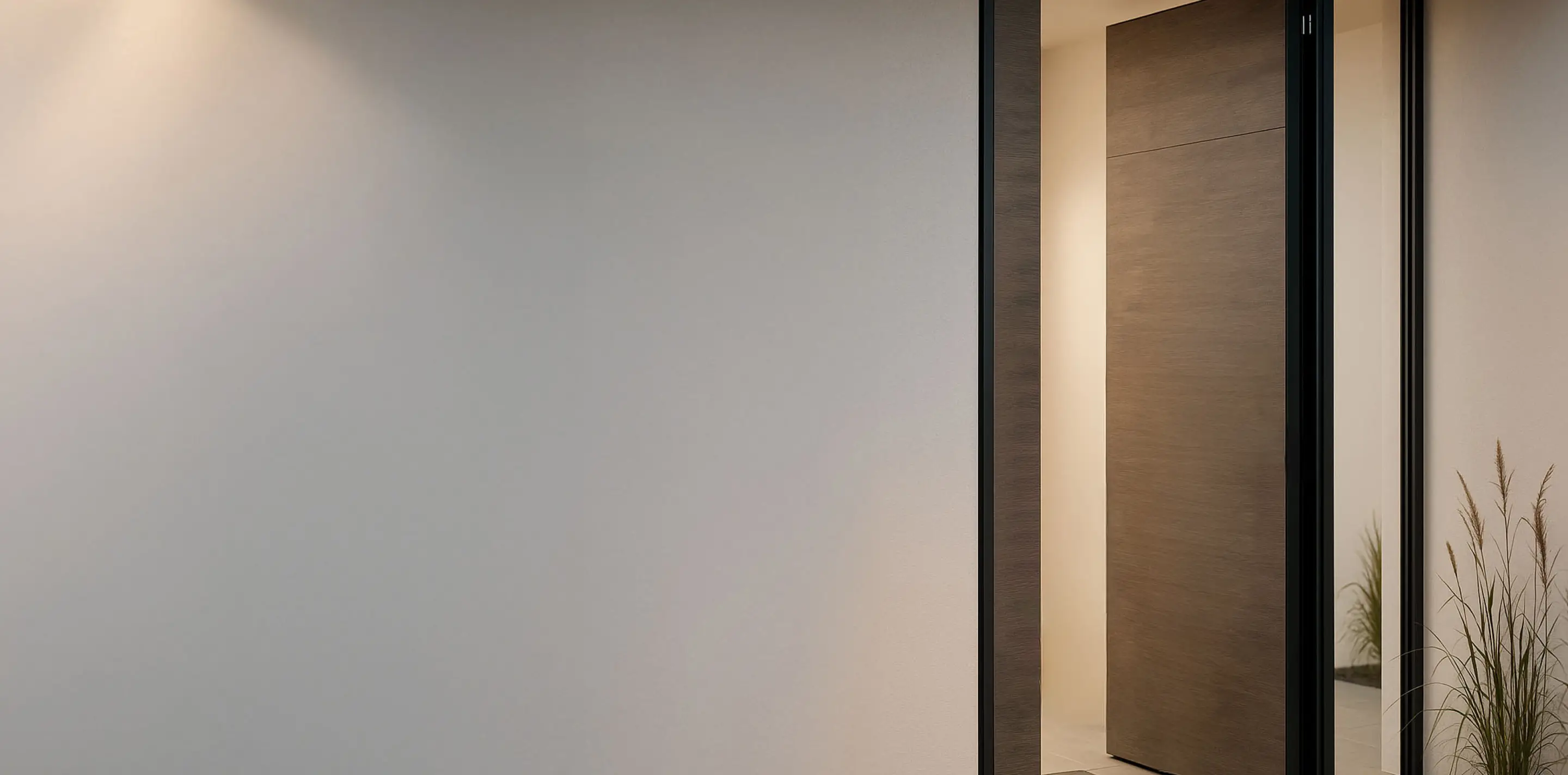 Offene moderne Holzinnentür mit schwarzem Rahmen und Pflanze rechts an der Wand.