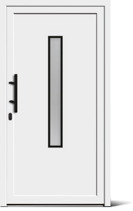Weiße Haustür mit einem vertikalen schmalen Fenster in der Mitte und schwarzem Türgriff.