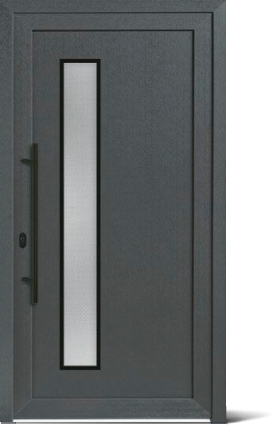 Moderner grauer Eingangstür mit schmalem vertikalem Glasfenster und seitlichem Griff.