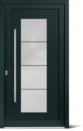Dunkle Haustür mit vier vertikal angeordneten quadratischen Glaseinsätzen und langem, schlankem Türgriff links.