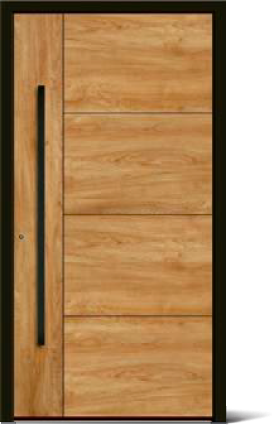 Moderner Holztür mit horizontalen Platten und schwarzem vertikalem Griff.