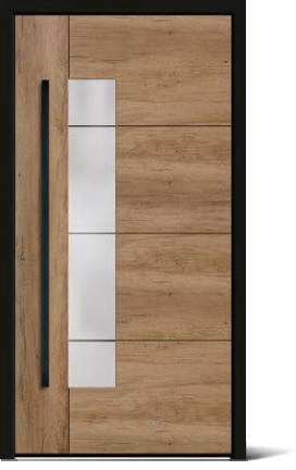 Holztür mit vertikaler schwarzer Griffleiste und fünf schmalen rechteckigen Glasfenstern nebeneinander.