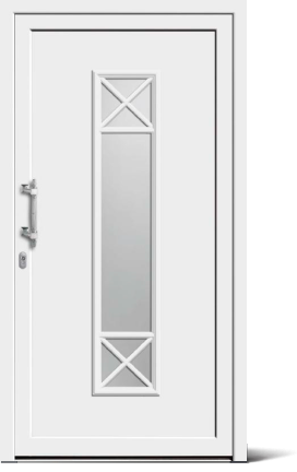 Weiße Haustür mit einem vertikalen, rechteckigen Fenster, das oben und unten durch Kreuzmuster unterteilt ist.