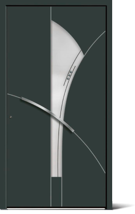 Moderne schwarze Haustür mit gebogenen Glas- und Metallakzenten.