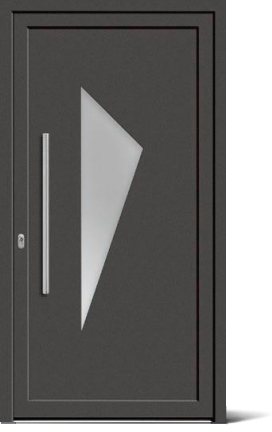 Dunkle moderne Haustür mit langem silbernem Griff und dreieckigem Glasscheiben-Design.