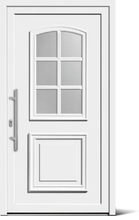 Weiße Haustür mit einem oberen rechteckigen Glasfenster, das in sechs Segmente unterteilt ist, und einem unten angeordneten dekorativen Paneel.