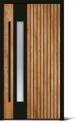 Moderner Holztür mit vertikalen Lamellen und schmalem Glasfenster im schwarzen Rahmen.