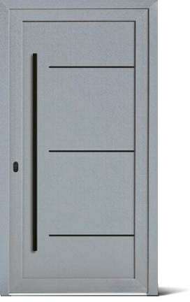 Graue moderne Haustür mit drei horizontalen schwarzen Linien und langem schwarzem Türgriff.