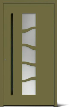 Moderne Haustür mit vertikalem Fenster und wellenförmigen Trennungen.