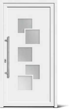 Weiße Haustür mit fünf quadratischen Fensterflächen in unregelmäßiger Anordnung und langem vertikalem Griff.
