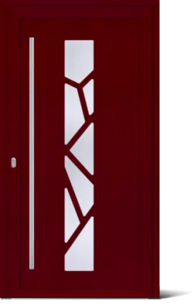 Rote Tür mit vertikalem, geometrisch gestalteten Glaseinsatz.