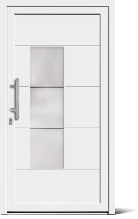 Weiße Haustür mit drei vertikalen Glasfeldern in der Mitte und einem silbernen Griff links.