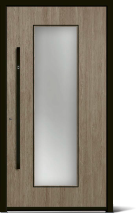 Tür aus Holz mit vertikalem rechteckigen Glasfenster und langem schwarzem Griff.