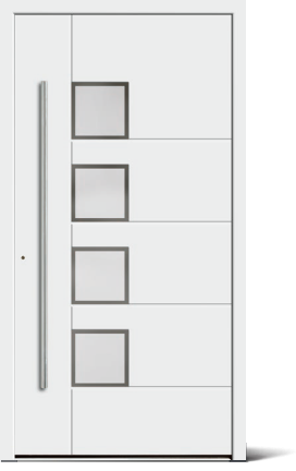 Weiße Haustür mit vier quadratischen Fenstern und langem, schlankem Griff an der linken Seite.
