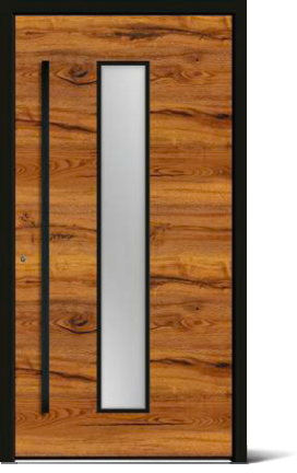 Holztür mit vertikalem Glasfenster und schwarzem Griff.