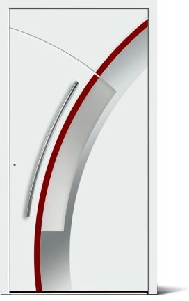 Weiße moderne Haustür mit bogenförmigem Glasfenster und silbernem Griff neben roter Verzierung.