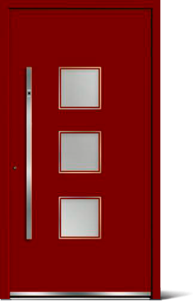 Rote Haustür mit drei quadratischen Fenstern und einem langen silbernen Türgriff.