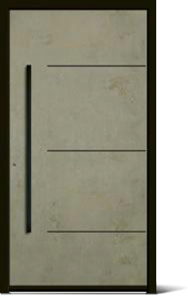 Schwarzer Griff an einer grauen Tür mit drei horizontalen Linien.