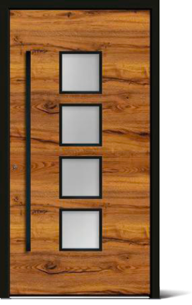 Holztür mit vier quadratischen, vertikal angeordneten Fensterrahmen und einem langen schwarzen Griff an der linken Seite.