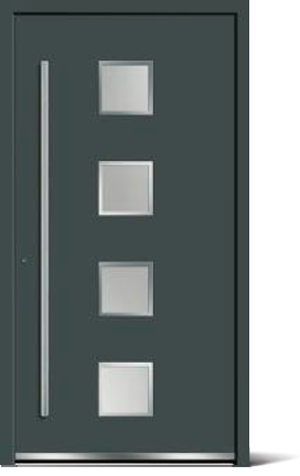Dunkelgraue Haustür mit vier quadratischen Fenstern und langem vertikalem Türgriff.