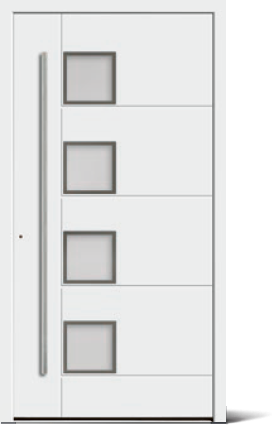 Weiße moderne Haustür mit vier quadratischen Fensterpaneelen und langem vertikalem Türgriff.