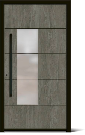 Moderne Eingangstür aus grauem Holz mit vertikalem Glasfenster und langem schwarzen Türgriff.