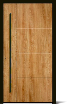 Moderner Holztür mit vertikalem schwarzen Griff und drei horizontalen Linien.