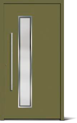 Olivegrüne Haustür mit vertikalem rechteckigem Fenster und langem silbernen Türgriff.