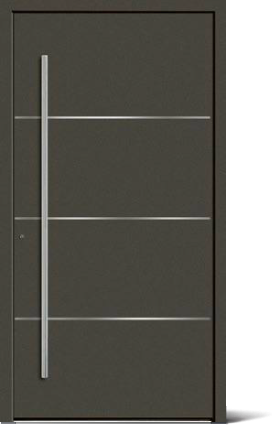 Moderne dunkelgraue Tür mit vertikalem Griff und horizontalen Edelstahlstreifen.