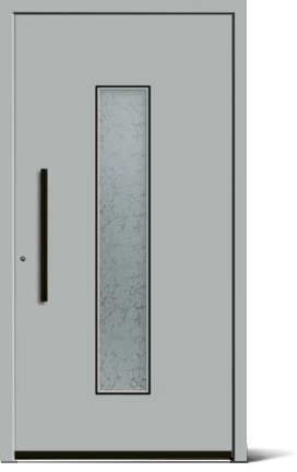 Moderngraue Haustür mit schmalem, vertikalem Fenster und schwarzem Griff.