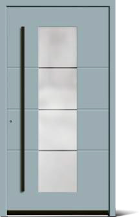 Moderne hellblaue Haustür mit vier vertikalen Glasfenstern und langem schwarzem Griff.