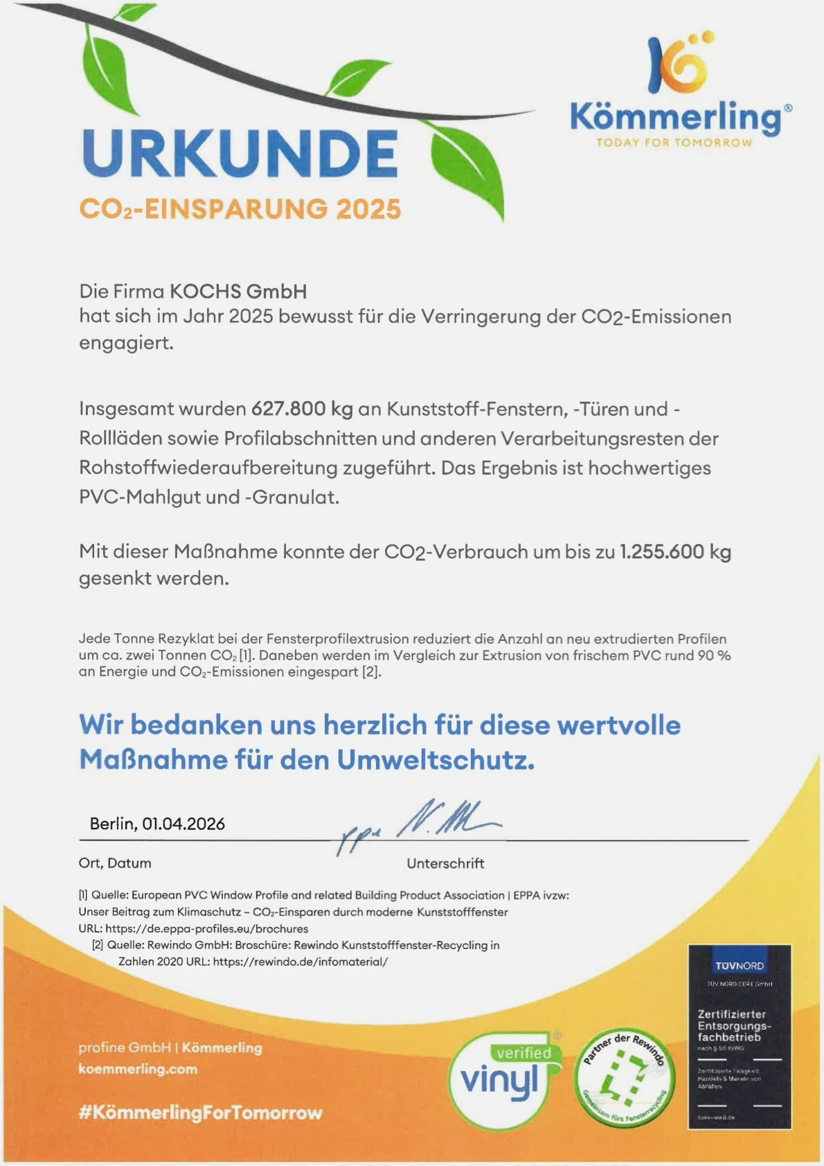 Urkunde zur CO₂-Einsparung 2025